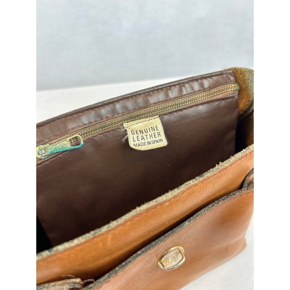 Vintage Tan Leather Crossbody Bag Gold Horseshoe Adjustable Strap - Picture 10 of 14